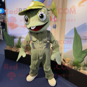 Olive Swordfish mascot costume character dressed with a Overalls and Foot pads