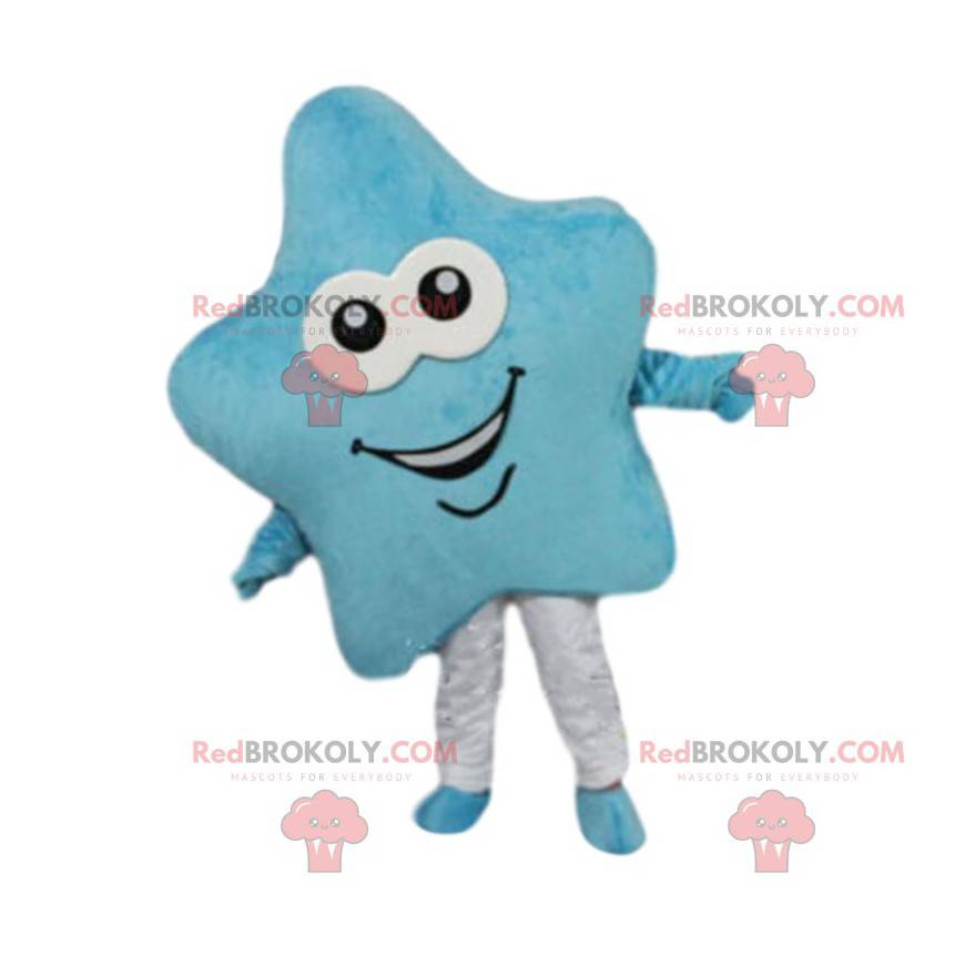 Blå stjärna maskot, leende stjärndräkt - Redbrokoly.com