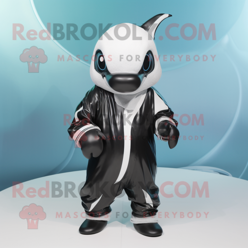 Silver Killer Whale mascot costume character dressed with a Coat and Wraps