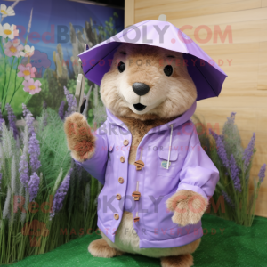Lavender Beaver mascot costume character dressed with a Raincoat and Hats