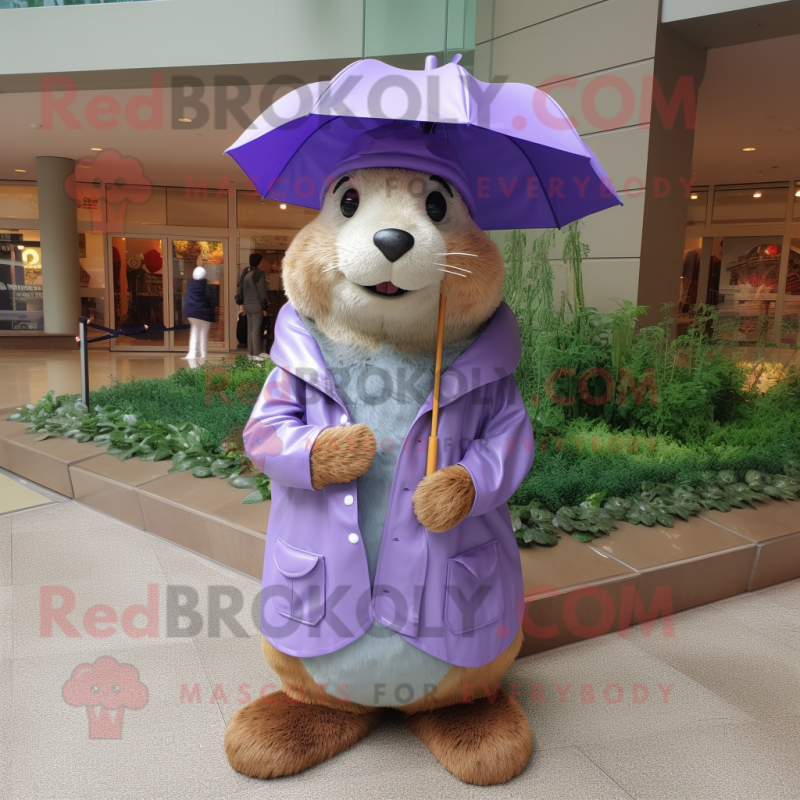 Lavender Beaver mascot costume character dressed with a Raincoat and Hats