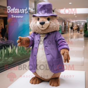 Lavender Beaver mascot costume character dressed with a Raincoat and Hats