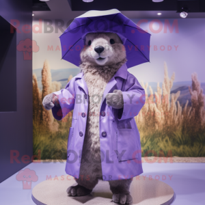 Lavender Beaver mascot costume character dressed with a Raincoat and Hats