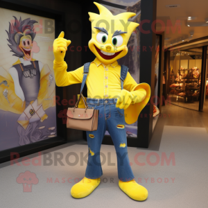 Yellow Vampire mascot costume character dressed with a Bootcut Jeans and Handbags