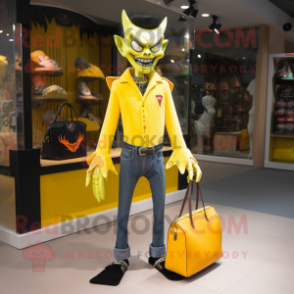 Yellow Vampire mascot costume character dressed with a Bootcut Jeans and Handbags