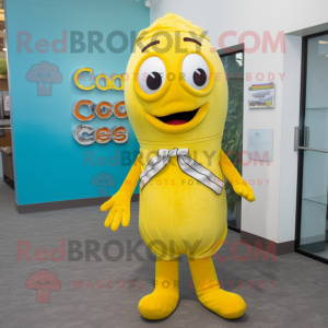 Yellow Cod mascot costume character dressed with a Capri Pants and Suspenders