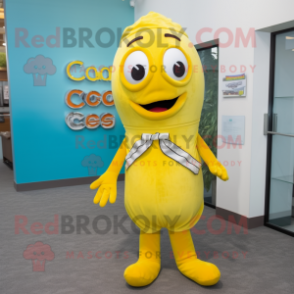 Yellow Cod mascot costume character dressed with a Capri Pants and Suspenders