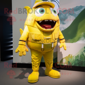 Yellow Cod mascot costume character dressed with a Capri Pants and Suspenders