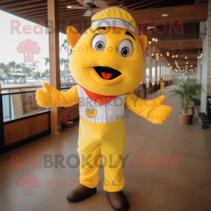 Yellow Cod mascot costume character dressed with a Capri Pants and Suspenders