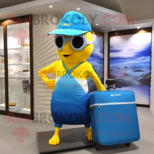 Lemon Yellow Blue Jay mascot costume character dressed with a One-Piece Swimsuit and Briefcases