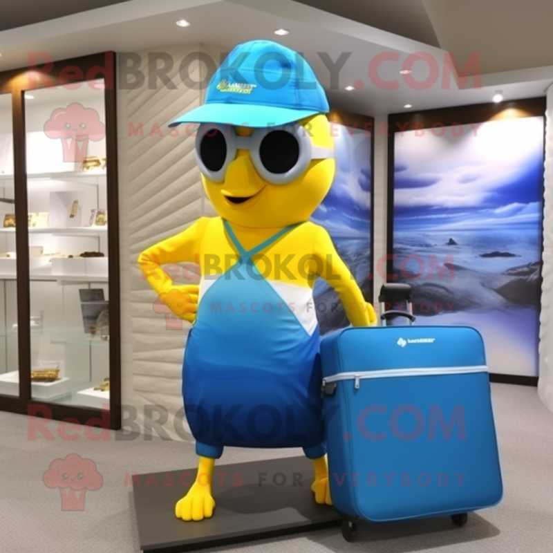 Lemon Yellow Blue Jay mascot costume character dressed with a One-Piece Swimsuit and Briefcases