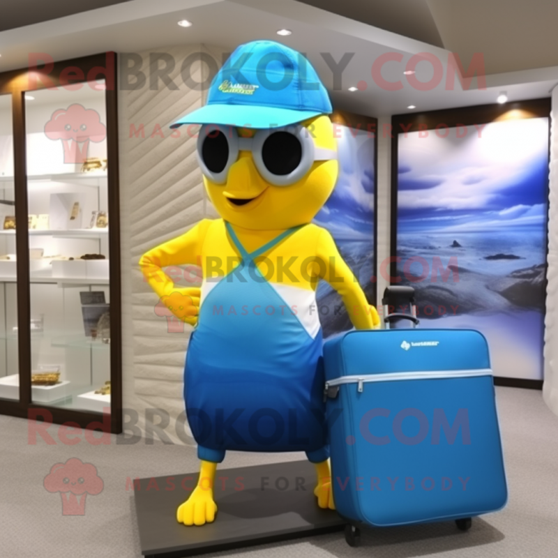 Lemon Yellow Blue Jay mascot costume character dressed with a One-Piece Swimsuit and Briefcases Lemon Yellow Blue Jay mascot costume character dressed with a One-Piece Swimsuit and Briefcases