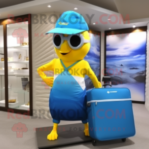 Lemon Yellow Blue Jay mascot costume character dressed with a One-Piece Swimsuit and Briefcases