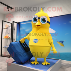 Lemon Yellow Blue Jay mascot costume character dressed with a One-Piece Swimsuit and Briefcases