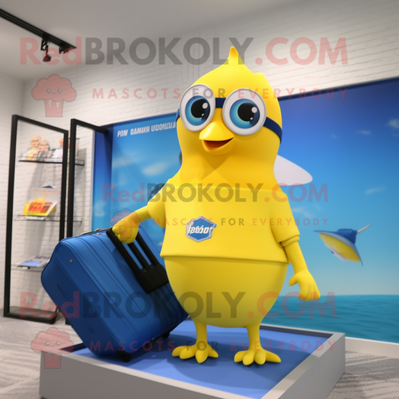 Lemon Yellow Blue Jay mascot costume character dressed with a One-Piece Swimsuit and Briefcases