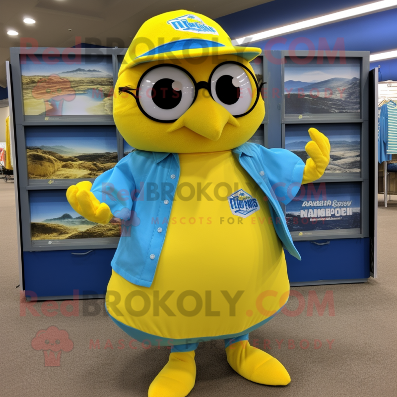 Lemon Yellow Blue Jay mascot costume character dressed with a One-Piece Swimsuit and Briefcases