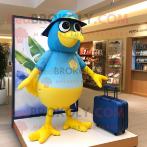 Lemon Yellow Blue Jay mascot costume character dressed with a One-Piece Swimsuit and Briefcases