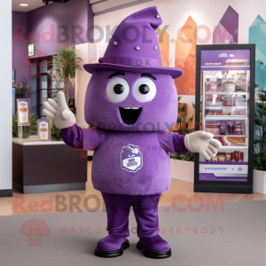 Purple Ice Cream mascot costume character dressed with a Graphic Tee and Hat pins