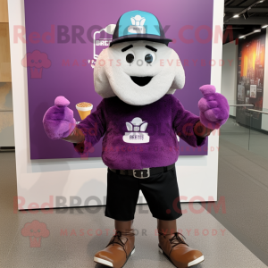 Purple Ice Cream mascot costume character dressed with a Graphic Tee and Hat pins