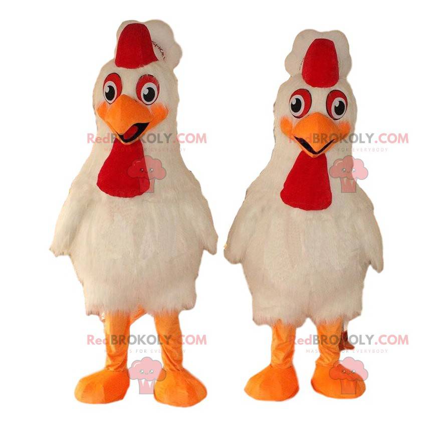2 mascotte di pollo giganti, costumi da pollo bianco -