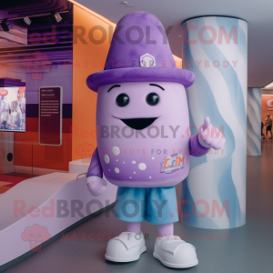 Purple Ice Cream mascot costume character dressed with a Graphic Tee and Hat pins