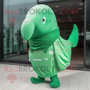 Green Whale mascot costume character dressed with a Windbreaker and Scarves