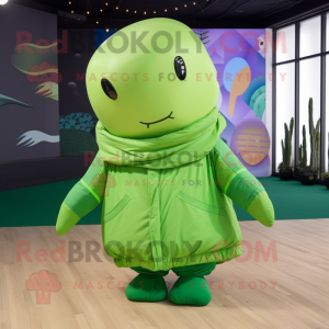 Green Whale mascot costume character dressed with a Windbreaker and Scarves