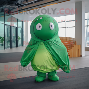 Green Whale mascot costume character dressed with a Windbreaker and Scarves