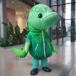 Green Whale mascot costume character dressed with a Windbreaker and Scarves