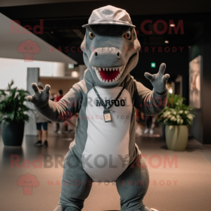 Gray Allosaurus mascot costume character dressed with a V-Neck Tee and Beanies