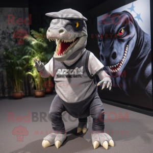 Gray Allosaurus mascot costume character dressed with a V-Neck Tee and Beanies