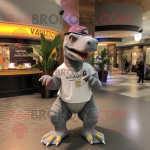 Gray Allosaurus mascot costume character dressed with a V-Neck Tee and Beanies