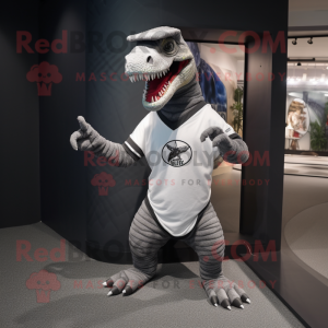 Gray Allosaurus mascot costume character dressed with a V-Neck Tee and Beanies