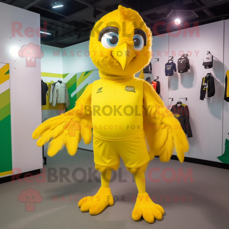 Yellow Falcon mascot costume character dressed with a Shorts and Hair clips
