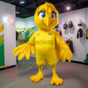 Yellow Falcon mascot costume character dressed with a Shorts and Hair clips