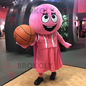 Pink Basketball Ball mascot costume character dressed with a Jumpsuit and Shawl pins