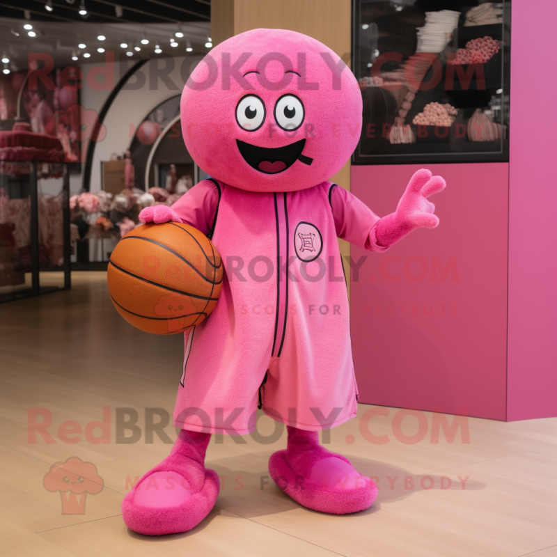 Pink Basketball Ball mascot costume character dressed with a Jumpsuit and Shawl pins