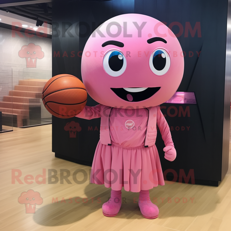 Pink Basketball Ball mascot costume character dressed with a Jumpsuit and Shawl pins Pink Basketball Ball mascot costume character dressed with a Jumpsuit and Shawl pins
