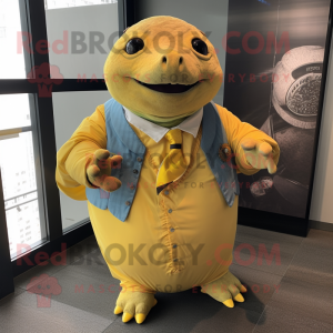 Yellow Glyptodon mascot costume character dressed with a Dress Shirt and Bracelets