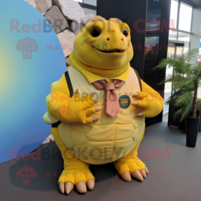 Yellow Glyptodon mascot costume character dressed with a Dress Shirt and Bracelets