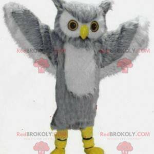 Mascotte de hibou gris et blanc géant, costume de chouette -