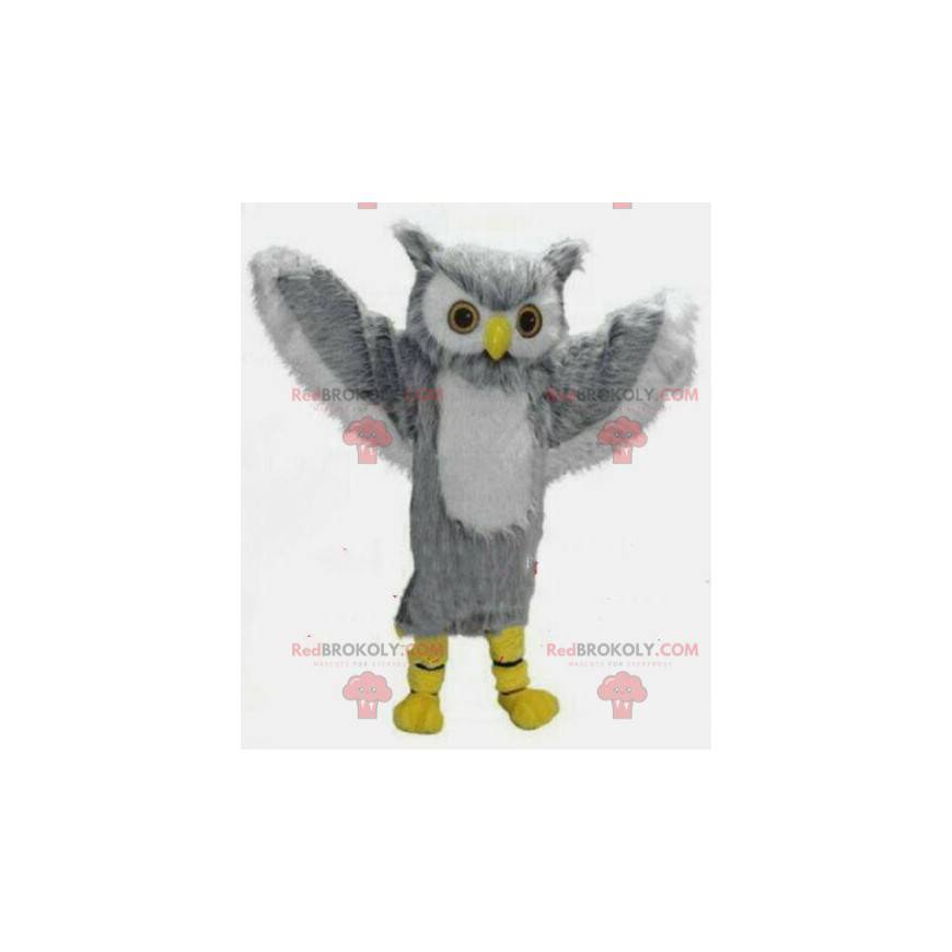 Mascotte de hibou gris et blanc géant, costume de chouette -