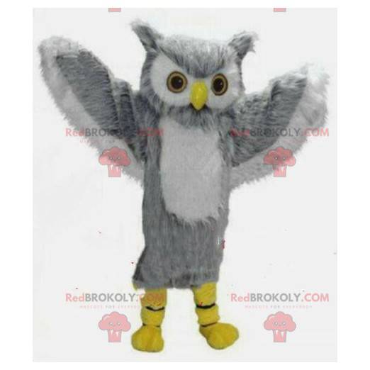 Mascotte de hibou gris et blanc géant, costume de chouette -