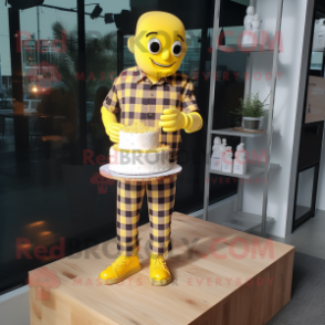 Yellow Wedding Cake mascot costume character dressed with a Flannel Shirt and Anklets