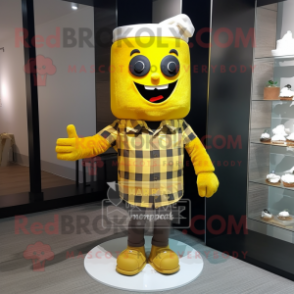 Yellow Wedding Cake mascot costume character dressed with a Flannel Shirt and Anklets