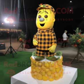Yellow Wedding Cake mascot costume character dressed with a Flannel Shirt and Anklets