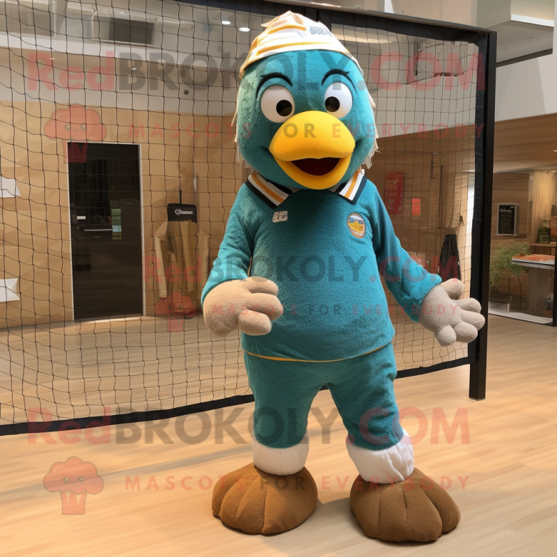 Teal Volleyball Net mascot costume character dressed with a Corduroy Pants and Necklaces