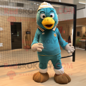 Teal Volleyball Net mascot costume character dressed with a Corduroy Pants and Necklaces