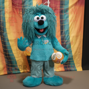 Teal Volleyball Net mascot costume character dressed with a Corduroy Pants and Necklaces
