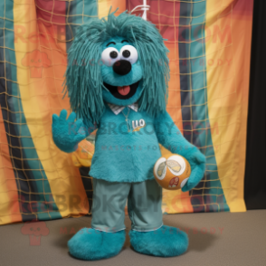 Teal Volleyball Net mascot costume character dressed with a Corduroy Pants and Necklaces